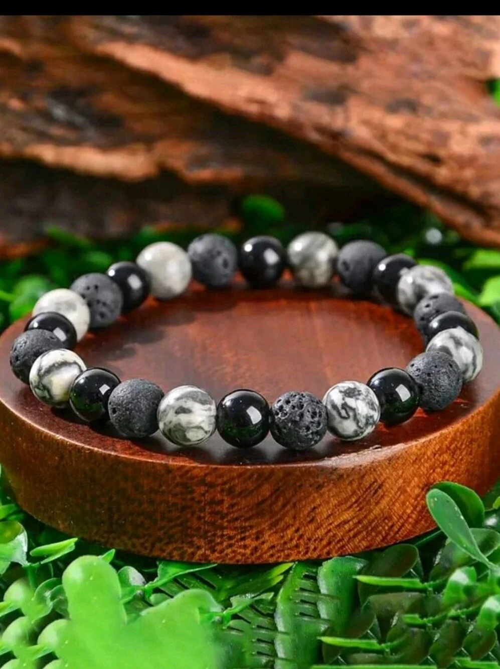 FP Healing Lava Beads Vintage Style Men's Natural Map Stone Beaded Bracelet,